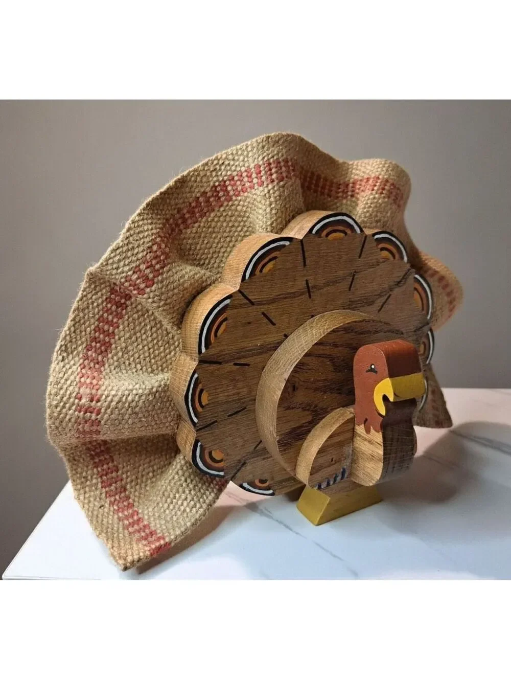 Vintage Hand-crafted Standing Burlap and Oak Fall Turkey Decoration 8